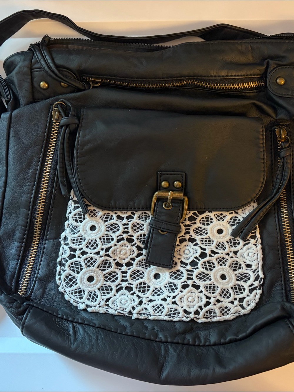 Black Shoulder Bag with White Crochet Pocket